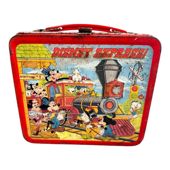 Vintage Disney Express Metal Lunchbox Train Theme Mickey Mouse Distress Red READ - Picture 1 of 16